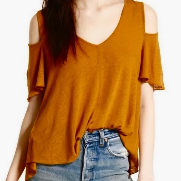 Free People Bittersweet cold shoulder tee small tan - Picture 7 of 9